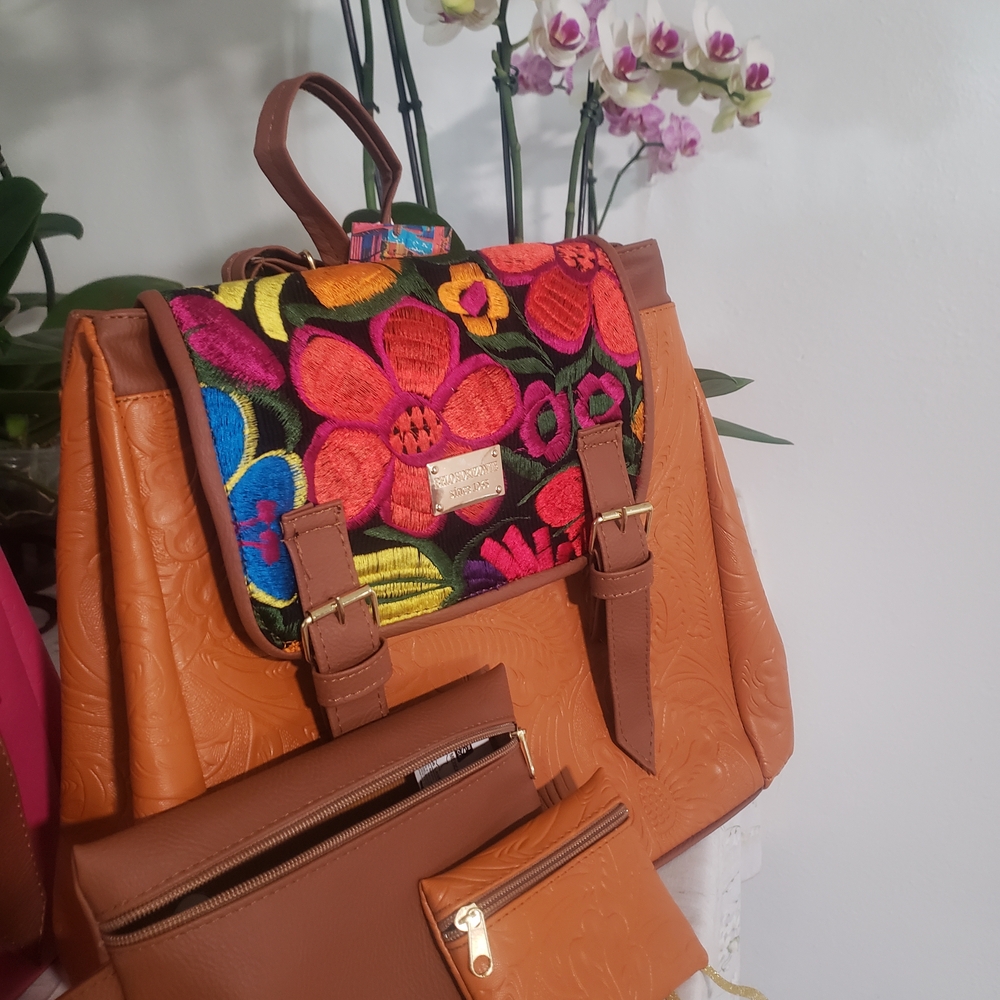 Floral Embroidered Vegan Leather Backpack and Wallet Set